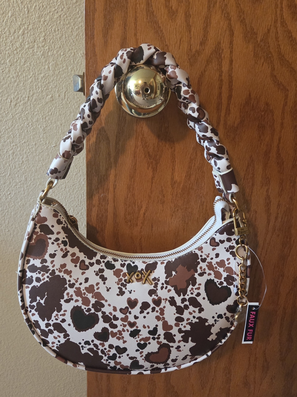 Betsey Johnson Brown & White Cow Print Braided Handle Shoulder Bag